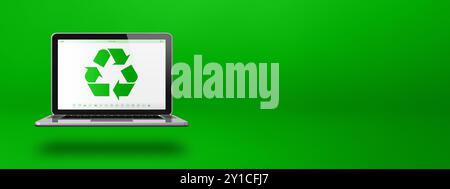 Ordinateur portable avec un symbole de recyclage à l'écran. concept de conservation de l'environnement. 3D illustration isolée sur fond vert. Bannière horizontale Banque D'Images