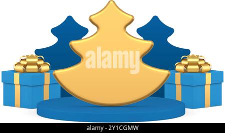 Décoration brillante de boule d'épinette dorée de luxe sur podium avec boîte cadeau festive bleue composition de Noël illustration vectorielle 3d réaliste d'icône. Gain Premium Illustration de Vecteur