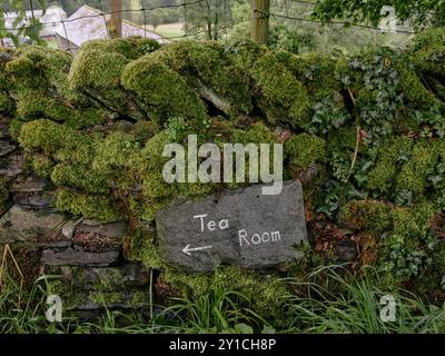 Un signe d'ardoise de direction de salon de thé sous la pluie sur un mur de pierre sèche couvert de mousse dans le Lake District, Cumbria Angleterre Royaume-Uni - tourisme humide vacances grande-bretagne Banque D'Images