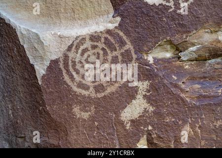 Un panneau de petropglyphes d'art rupestre amérindien préhispanique de la culture Fremont à Nine Mile Canyon, Utah. Banque D'Images