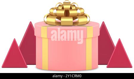 Boîte cadeau festive rose girlish mignonne avec ruban d'arc doré triangle pyramide arbre de Noël minimaliste réaliste 3d icône illustration vectorielle. WR vacances Illustration de Vecteur