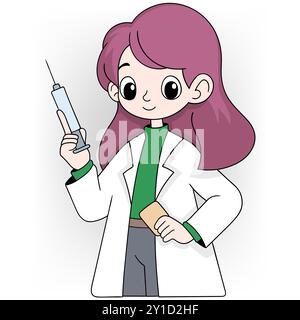 Illustration d'une jeune femme médecin aux cheveux roses, tenant une seringue dans une main et une carte médicale dans l'autre. Illustration de Vecteur