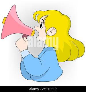 Illustration de style dessin animé montrant une personne faisant une annonce à l'aide d'un mégaphone. Le personnage a de longs cheveux jaunes et porte un bleu clair Illustration de Vecteur