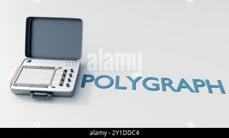 Un rendu 3D d'une machine de polygraphe antique avec le mot 'POLYGRAPHE', isolé sur un fond blanc. Banque D'Images