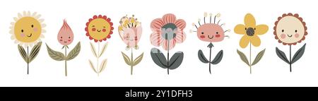 Ensemble de fleurs kawaii plante de bébé mignon dans le style de bande dessinée. Illustration enfantine de doodle vectorielle dessinée à la main. Dessin simple isolé pour les enfants Illustration de Vecteur
