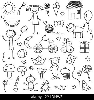 Ensemble de doodle mignon pour enfants. Dessins pour enfants. Illustration vectorielle dessinée à la main isolée sur fond blanc Illustration de Vecteur