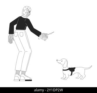 Femme musulmane formant le personnage de dessin animé de ligne 2D noir et blanc de teckel Illustration de Vecteur