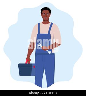 Réparateur noir afro-américain ou mécanicien avec une boîte à outils. Personnage d'homme en uniforme avec clé dans sa main. Illustration vectorielle Illustration de Vecteur