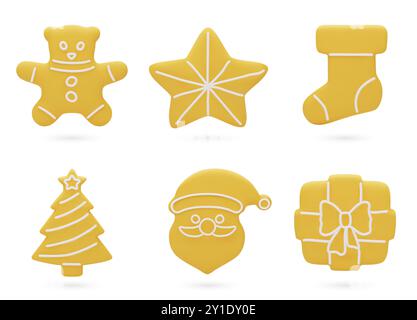 Un ensemble de biscuits en pain d'épice de Noël 3D de différentes formes, avec du sucre glace. Nourriture de fête. Illustration vectorielle 3D isolée sur fond blanc Illustration de Vecteur