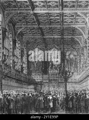 Intérieur de la Chambre des Lords, palais de Westminster au XIXe siècle, reconstruit suite à l'incendie de 1834. Illustration tirée de Cassell's History of England, vol VII New Edition publiée vers 1873-1955. Banque D'Images