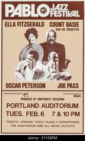 Pablo Jazz Festival avec Ella Fitzgerald, Count Basie et son orchestre, Oscar Peterson et Joe Pass à l'Auditorium de Portland (sortie Northwest, 1973). Affiche du concert de jazz Banque D'Images