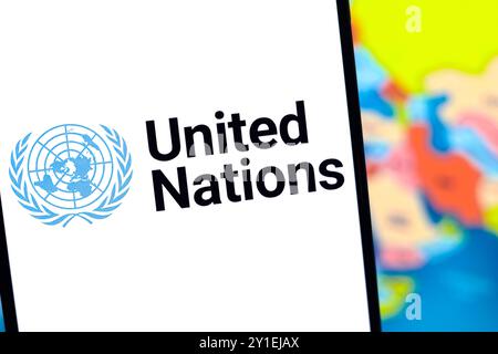 Paraguay. 6 septembre 2024. Dans cette illustration photo, le logo des Nations Unies (ONU) est affiché sur un écran de smartphone. (Crédit image : © Jaque Silva/SOPA images via ZUMA Press Wire) USAGE ÉDITORIAL SEULEMENT! Non destiné à UN USAGE commercial ! Banque D'Images