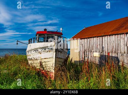 Bleik, Norvège. 09 août 2024. Paysage côtier sur l'île de Andöya dans le nord de la Norvège, au-dessus des îles Lofoten, sur la mer de Norvège. Andöya est l'île la plus septentrionale de Vesteralen dans le Nordland norvégien de Fylke. Crédit : Patrick Pleul/dpa/Alamy Live News Banque D'Images