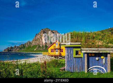 Bleik, Norvège. 09 août 2024. Paysage côtier sur l'île de Andöya dans le nord de la Norvège, au-dessus des îles Lofoten, sur la mer de Norvège. Andöya est l'île la plus septentrionale de Vesteralen dans le Nordland norvégien de Fylke. Crédit : Patrick Pleul/dpa/Alamy Live News Banque D'Images