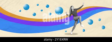 Image de croquis composite tendance illustration collage de photo de panorama horizontal 3d ruban cyberspace boule flottante jeune femme marcher pas à pas Banque D'Images