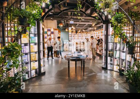 09 juillet 2024, Minoa Pera café, Istanbul, Turquie : une librairie moderne en Turquie, avec des étagères remplies de livres, les clients parcourant la sélection Banque D'Images