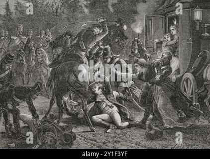 Assassinat des plénipotentiaires français à Rastatt, le 28 avril 1799. Bornnier, Debry et Roberjot ont été agressés par un groupe de soldats portant l'uniforme des hussards hongrois. Jean Debry s'est échappé malgré des blessures graves. Dessin de Philippoteaux. Gravure de Méaulle. "Histoire de la Révolution française". Volume I, 2e partie, 1879. Auteur : Fortuné Méaulle (1844-1916). Graveur français. Banque D'Images