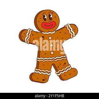Personnage de gingerman de Noël groovy de dessin animé. Personnage de pâtisserie de vacances isolé de l'homme en pain d'épice vecteur pour les salutations festives. Fantaisiste, gaie, délicieuse et traditionnelle confection de Noël maison Illustration de Vecteur