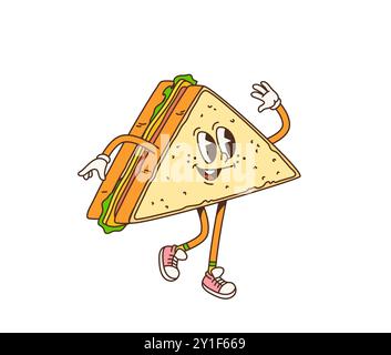 Personnage de sandwich petit déjeuner groovy de dessin animé rétro marchant avec la main ondulante et le visage souriant. Pain sandwich triangulaire vecteur isolé avec garnitures végétales, personnage alimentaire joyeux et animé Illustration de Vecteur