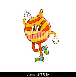 Personnage de boule de Noël groovy de dessin animé avec des rayures vibrantes danse, célébrant la fête disco rétro. Boule vectorielle isolée, décorations de vacances le personnage rayonne de plaisir de Noël, de joie et d'esprit festif Illustration de Vecteur