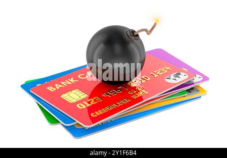 Cartes bancaires de crédit avec Black Burning Bomb. Piratage de carte de crédit, concept. Rendu 3D isolé sur fond blanc Banque D'Images