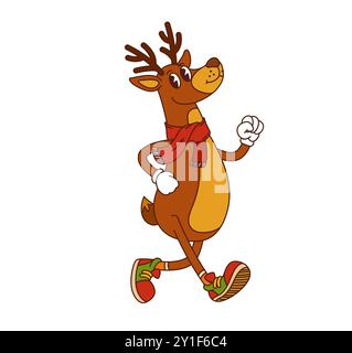 Personnage de cerf de Noël groovy de dessin animé habillé d'une écharpe rouge et de baskets colorées. Personnage de renne vecteur isolé prêt pour la célébration festive de la saison de Noël. Animal des fêtes joyeux et funky Illustration de Vecteur