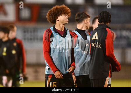 Kalmthout, Belgique. 06 septembre 2024. Aaron Ibrahim (16 ans), de Belgique, photographié après un match amical de football entre les équipes nationales de Belgique et de Tchéquie de moins de 17 ans, le vendredi 6 septembre 2024 à Kalmthout, Belgique . Crédit : Sportpix/Alamy Live News Banque D'Images