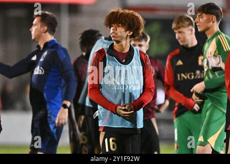 Kalmthout, Belgique. 06 septembre 2024. Aaron Ibrahim (16 ans), de Belgique, photographié après un match amical de football entre les équipes nationales de Belgique et de Tchéquie de moins de 17 ans, le vendredi 6 septembre 2024 à Kalmthout, Belgique . Crédit : Sportpix/Alamy Live News Banque D'Images