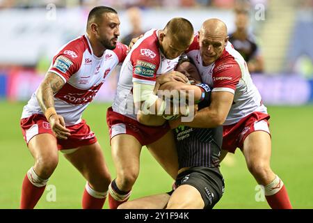 JAI Field of Wigan Warriors est attaqué lors du match Betfred Super League Round 25 Warriors vs Hull KR au Brick Community Stadium, Wigan, Royaume-Uni, le 6 septembre 2024 (photo de Cody Froggatt/News images) Banque D'Images