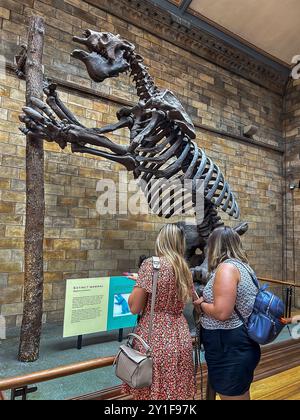 Londres, Grande-Bretagne, touristes, femmes, gens, visite du musée d'histoire naturelle, squelette de « Giant Ground Sloth », exposition, « Hintze Hall » Banque D'Images