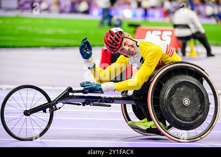 Paris, France. 06 septembre 2024. Le belge Peter Genyn célèbre la finale du 100m T51 para athlétisme masculin, le jour 10 des Jeux paralympiques d'été 2024 à Paris, France, le vendredi 06 septembre 2024. Les 17èmes Jeux Paralympiques se déroulent du 28 août au 8 septembre 2024 à Paris. BELGA PHOTO LAURIE DIEFFEMBACQ crédit : Belga News Agency/Alamy Live News Banque D'Images