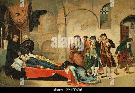 Guerre péninsulaire (1808-1814). Madrid. Les cadavres de Daoiz et Velarde dans la crypte du Monastère de Martin. Les héros du second mai 1808. Chromolithographie d'après une peinture de José Nin y Tudó (1840-1908) en 1876. 'Glorias Españolas' (Glories d'Espagne). Volume IV. publié à Barcelone, 1890. Banque D'Images