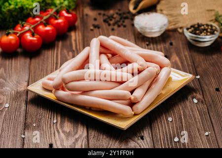 Pile de saucisses sur une assiette, parfait pour les présentations alimentaires, les visuels de cuisine et les conceptions de menu Banque D'Images