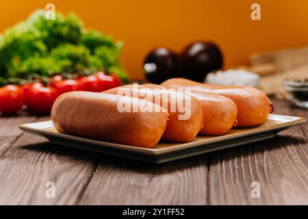 Pile de saucisses sur une assiette, parfait pour les présentations alimentaires, les visuels de cuisine et les conceptions de menu Banque D'Images