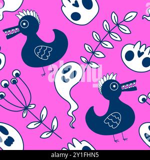 Halloween animaux sans couture crânes et canards modèle pour l'emballage du papier et des tissus et des draps et des vêtements pour enfants imprimés et accessoires de fête d'automne. Hig Banque D'Images