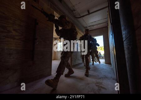 Les stagiaires des Forces de sécurité du 343e escadron d'entraînement participent à la partie tireur actif du cours Basic Defender à joint base San Antonio-Camp Bullis, Texas, le 20 août 2024. Cette partie du cours est conçue pour enseigner aux stagiaires comment tirer, se déplacer et communiquer tout en traversant des bâtiments occupés par un tireur actif. Le 343rd TRS fournit la formation initiale pour tous les aviateurs des forces de sécurité de l'Armée de l'Air. (Photo de l'US Air Force par Taylor Curry) Banque D'Images