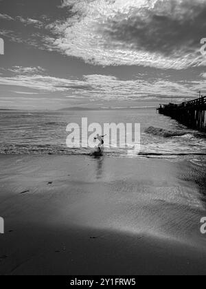 Un skimboarder glisse le long des eaux peu profondes de Capitola Beach, en Californie, alors que les vagues s'écrasent près de la jetée sous un ciel spectaculaire et rempli de nuages à Thi Banque D'Images