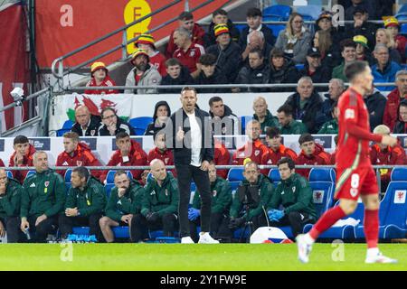 Cardiff, Royaume-Uni. 06 septembre 2024. Le manager du pays de Galles Craig Bellamy en première mi-temps. Pays de Galles contre Turquie dans la Ligue des Nations de l'UEFA au stade de Cardiff le 6 septembre 2024. Crédit : Lewis Mitchell/Alamy Live News Banque D'Images