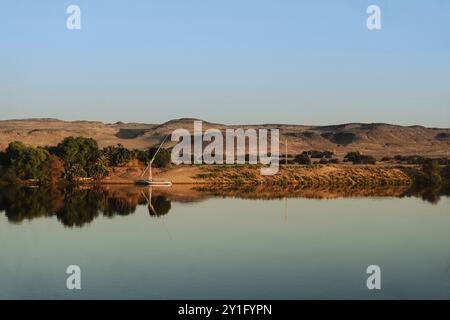 Plongez dans la splendeur du bord du Nil pendant que vous naviguez le long de ses eaux tranquilles. Cette image résume la beauté sereine et le temps Banque D'Images