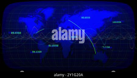 Image de transmission de données globales sur une carte du monde avec coordonnées numériques Banque D'Images