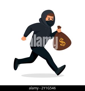 Voleur de dessin animé vectoriel en cours d'exécution avec sac d'argent volé. Sac à argent plat de type criminel avec signe de dollar. Scène de vol de banque avec voleur en sweat à capuche Illustration de Vecteur