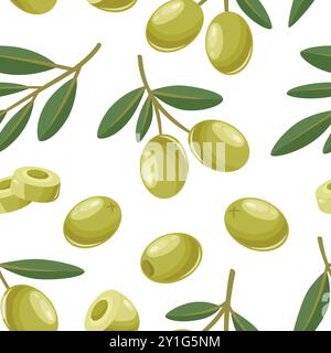 Motif sans couture vectoriel avec des olives vertes vectorielles plates. Olive Berries sur une branche. Modèle de conception de baies d'olivier dessiné à la main pour les produits d'huile d'olive Illustration de Vecteur