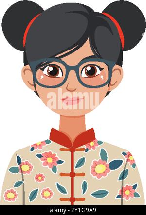 Femme portant des lunettes et une tenue traditionnelle à motifs floraux Illustration de Vecteur