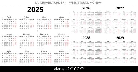 calendriers turcs 2025, 2026, 2027, 2028, 2029. Ensemble d'illustration vectorielle imprimable pour la Turquie Illustration de Vecteur