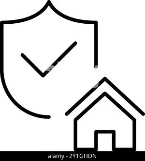 Bouclier de sécurité avec coche et maison. Protection domiciliaire vérifiée, assurance résidence. Pixel Perfect, icône de vecteur de contour modifiable Illustration de Vecteur