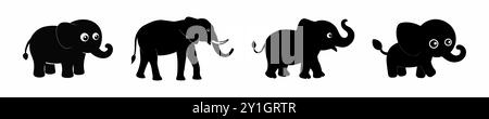 Silhouettes noires d'éléphants isolés sur un fond blanc. Concept d'illustration de la faune, icônes d'animaux, style minimaliste, éléphants bébés mignons, Illustration de Vecteur