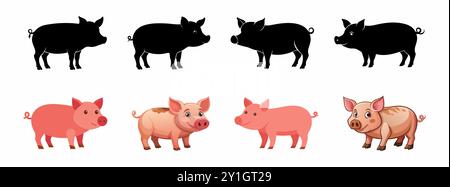 Ensemble de silhouettes de cochon et de cochons de bande dessinée isolés sur un fond blanc. Concept d'animaux de ferme, illustrations mignonnes, bétail. Imprimer, icône, design el Illustration de Vecteur