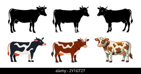 Ensemble de vaches isolées sur un fond blanc. Illustrations colorées et silhouettes noires. Concept d'animaux de ferme, bétail, vaches de dessin animé mignonnes. Imprimer Illustration de Vecteur