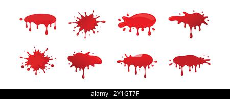 Ensemble de diverses taches de sang rouge ou taches de peinture isolées sur fond blanc. Concept de gouttes de sang, éclaboussures, effets liquides pour Halloween, crime SCE Illustration de Vecteur
