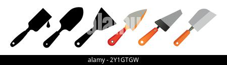 Ensemble d'illustration de divers couteaux à mastic. Illustrations colorées et silhouettes noires. Concept de spatule, outils de construction, rénovation domiciliaire, et D. Illustration de Vecteur